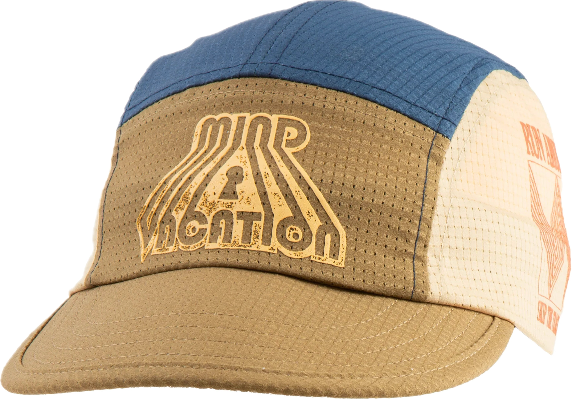 Jockey 6 panel color azul, blanco y arena. Diseño Run Amok "Mind Vacation".