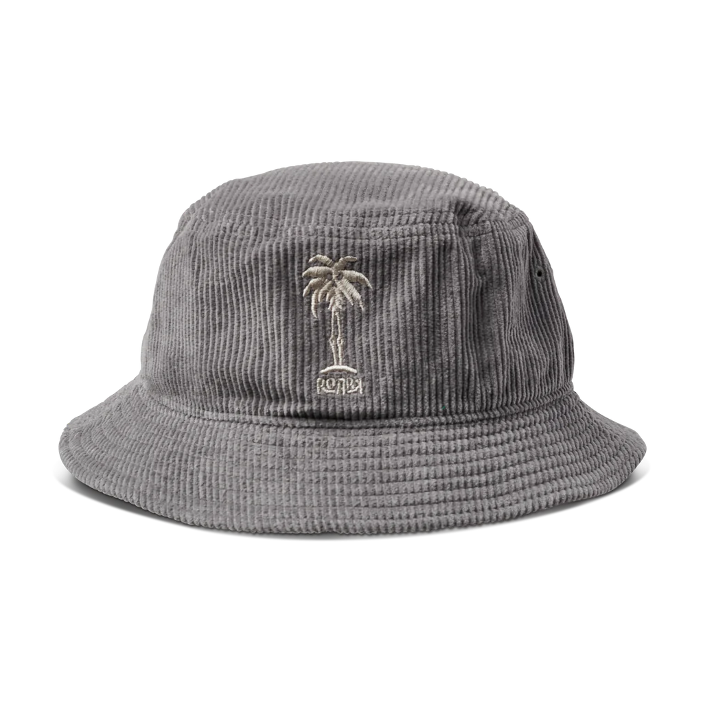 Sombrero de pescador (bucket) color gris con una palmera bordada.