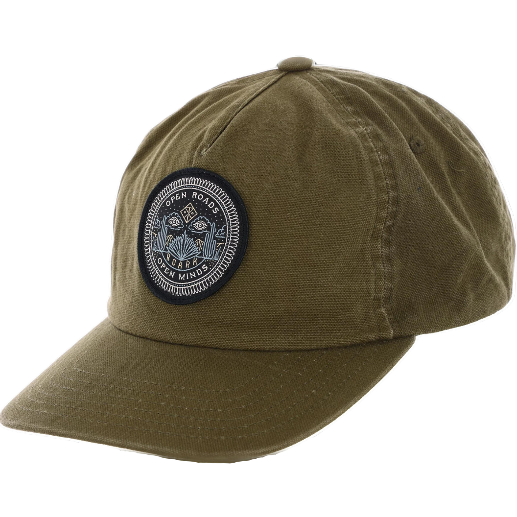 Jockey 5 panel color verde militar diseño frontal Open Roads