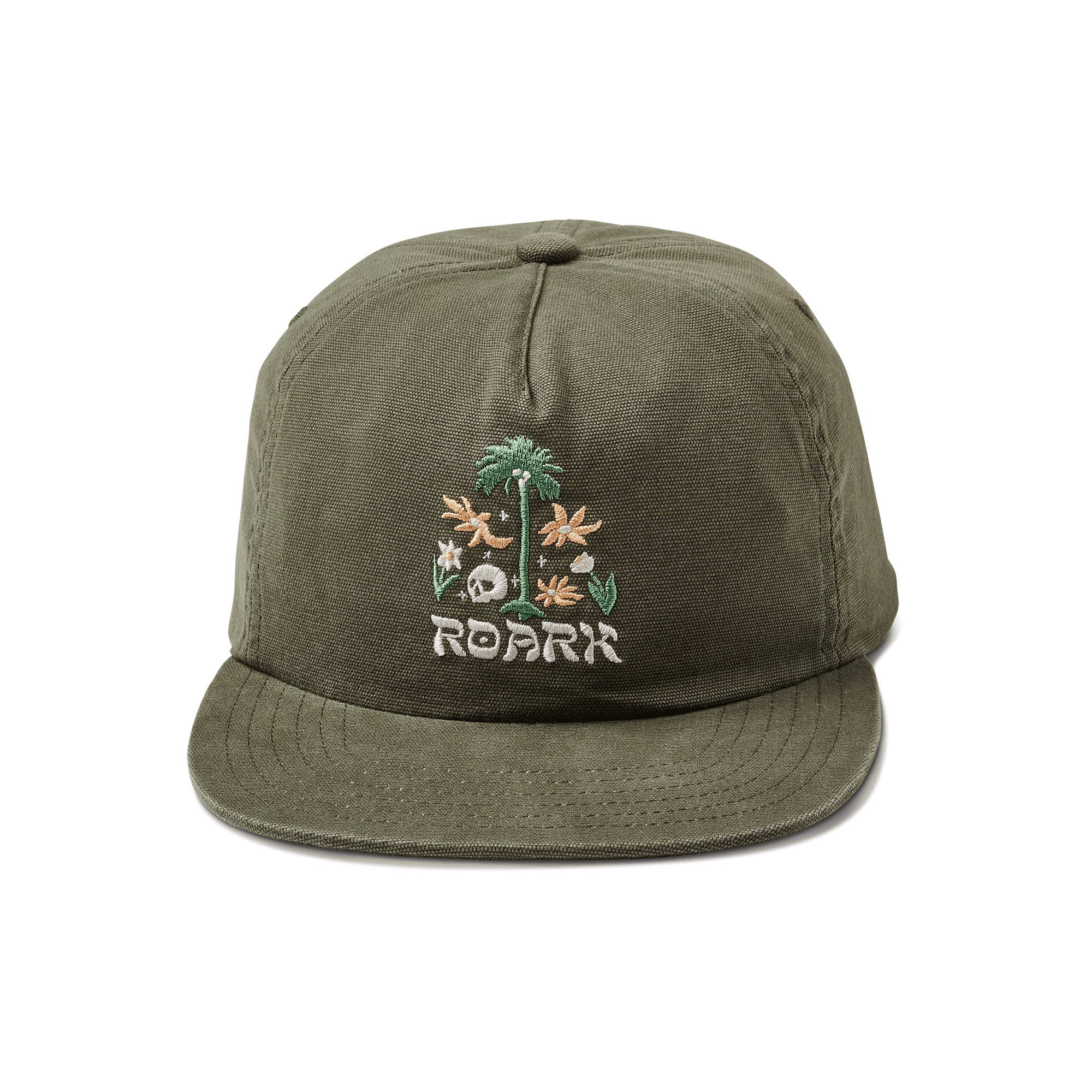 Jockey 5 panel color verde militar con un diseño frontal de flores bordado.