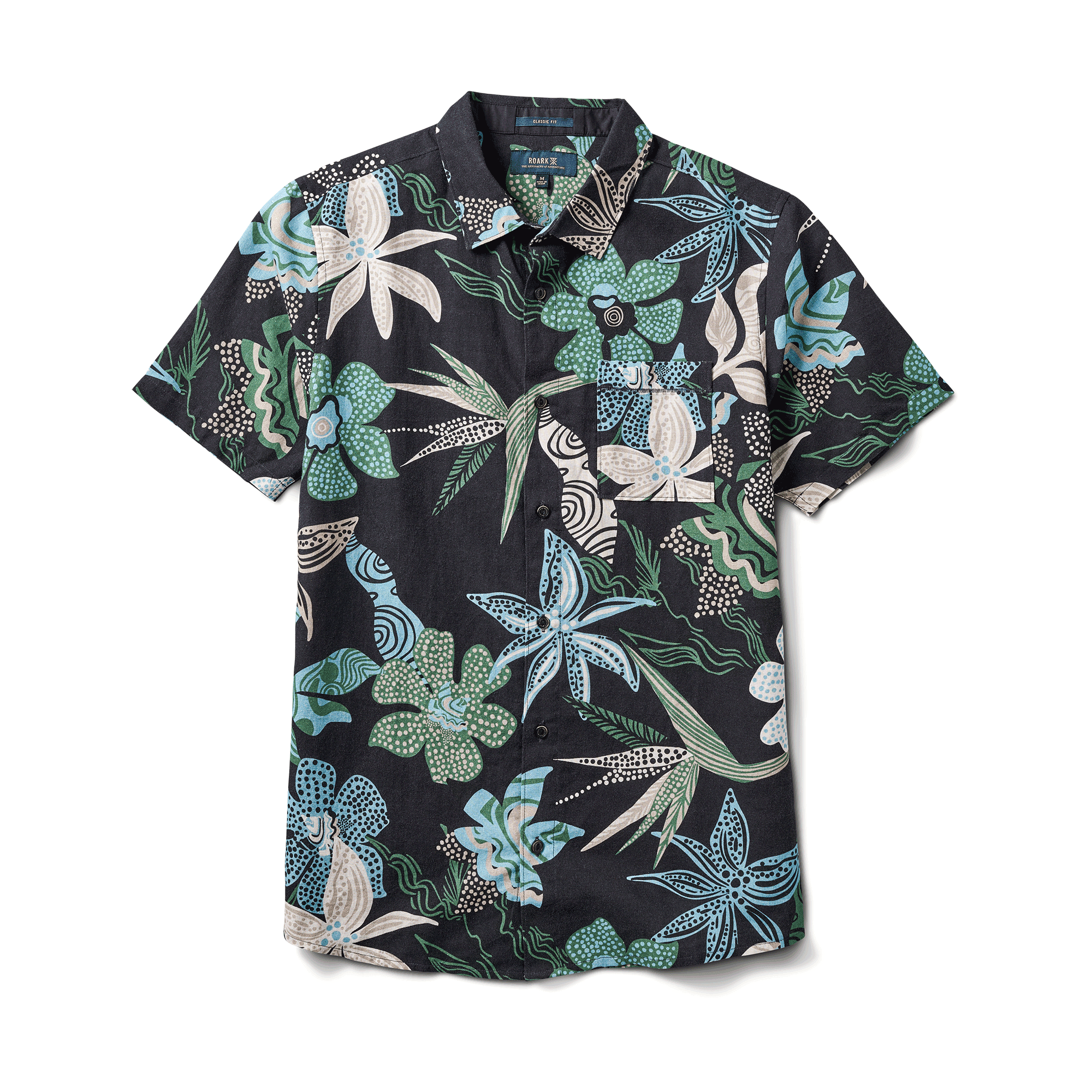 Camisa manga corta color azul oscuro con un diseño floran en distintos tonos de verde.